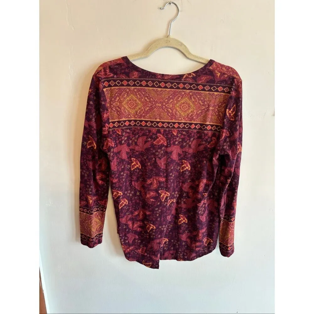 Lucky Brand Boho Long Sleeve Top Size Large Rust Red Orange V-Neck Relaxed Fit - Picture 8 of 9